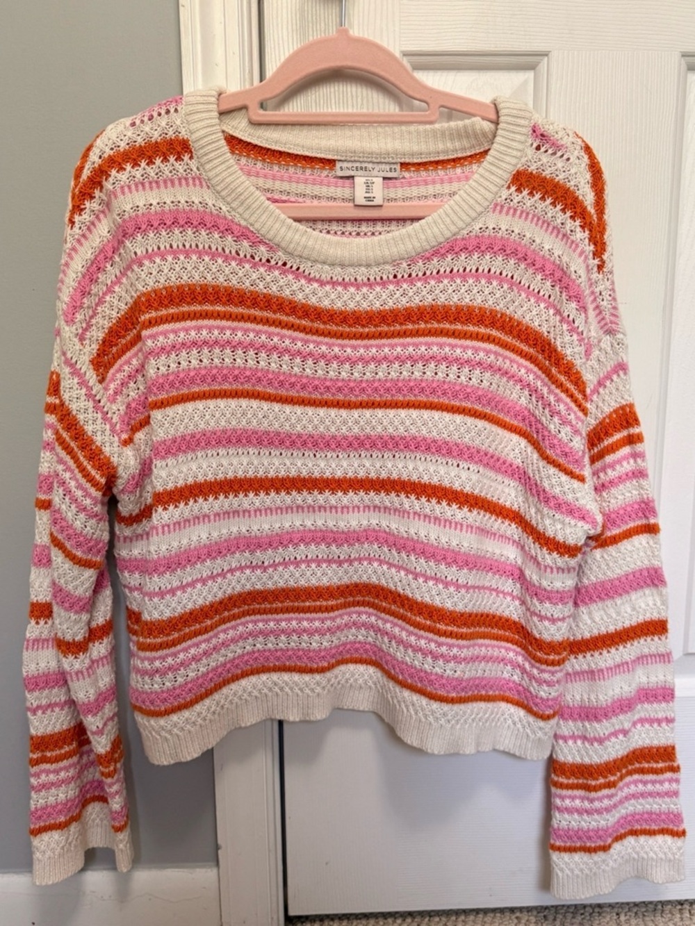 Sincerely Jules Striped Open Knit Sweater Pink Orange Cream Size Small - Picture 2 of 5